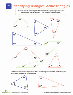 Fourth grade math worksheet showing various triangles for students to identify and classify acute triangles by their angles