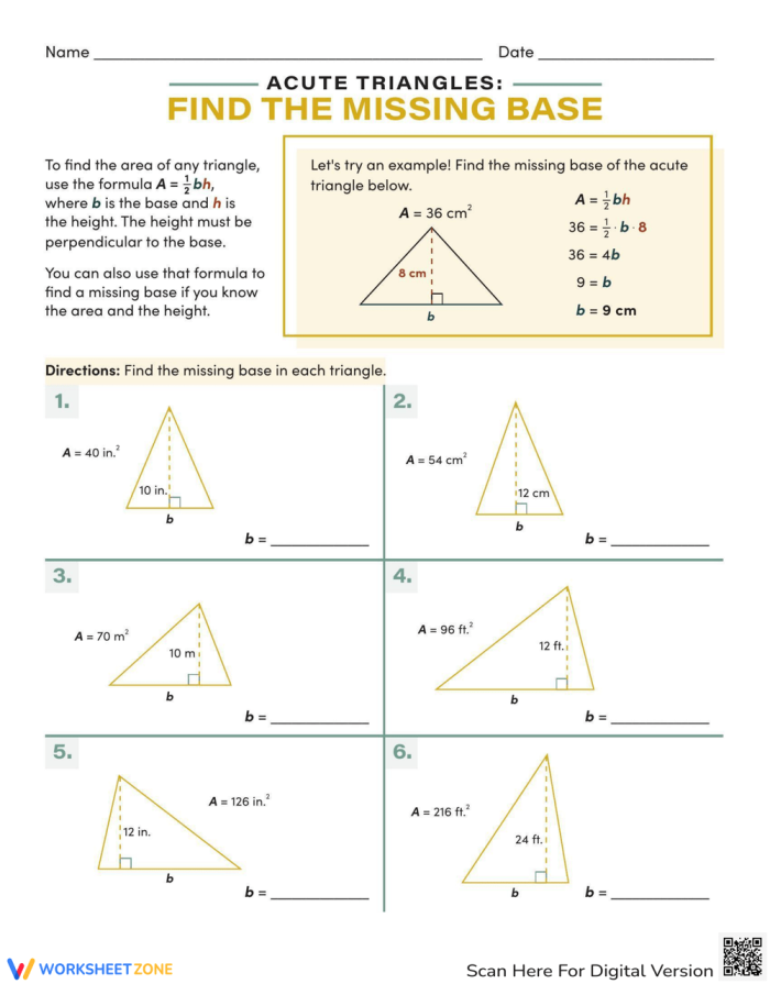 Sixth grade geometry worksheet featuring a collection of acute triangles for students to solve for missing base measurements
