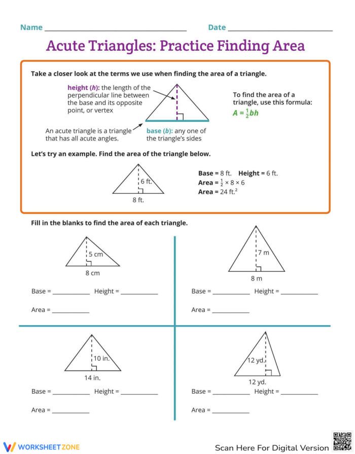 Acute Triangles: Area Finding Worksheet for Sixth and Seventh Grade Worksheet featuring acute triangles and area calculations for geometry practice