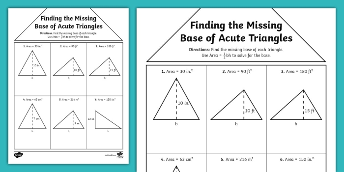Worksheet featuring acute triangles where students solve for the missing base lengths