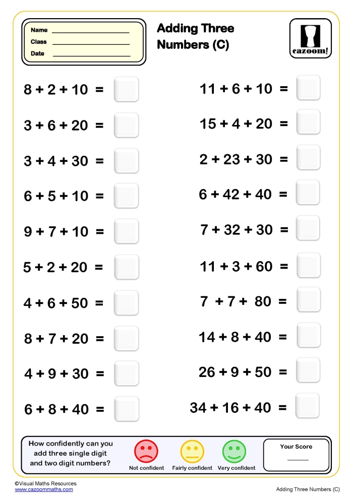 First grade math worksheet showing three single-digit numbers to add together with colorful illustrations and answer spaces