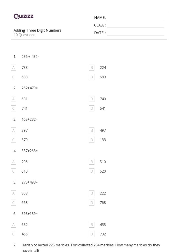 Add It Up! Three-Digit Numbers practice sheet for enhancing addition skills Worksheet featuring twelve three-digit addition problems for third graders