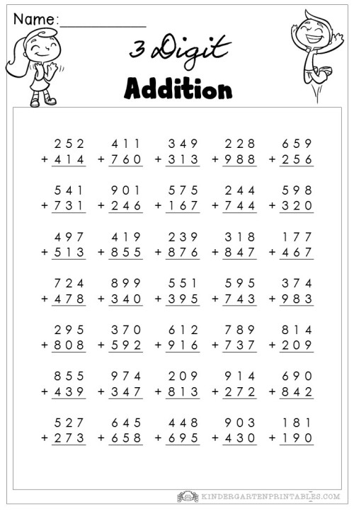 Add It Up! Three-Digit Numbers practice worksheet for improving addition skills Worksheet featuring twelve three-digit addition problems for third graders