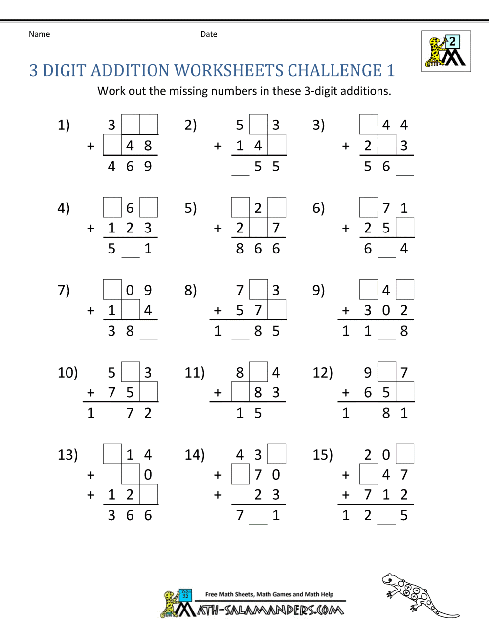 Add It Up! Three-Digit Numbers worksheet for third graders Worksheet featuring three-digit addition problems for practice