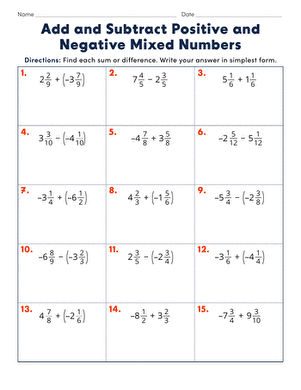 Add and Subtract Positive and Negative Mixed Numbers Worksheet - Image 19 Worksheet for adding and subtracting positive and negative mixed numbers for seventh graders