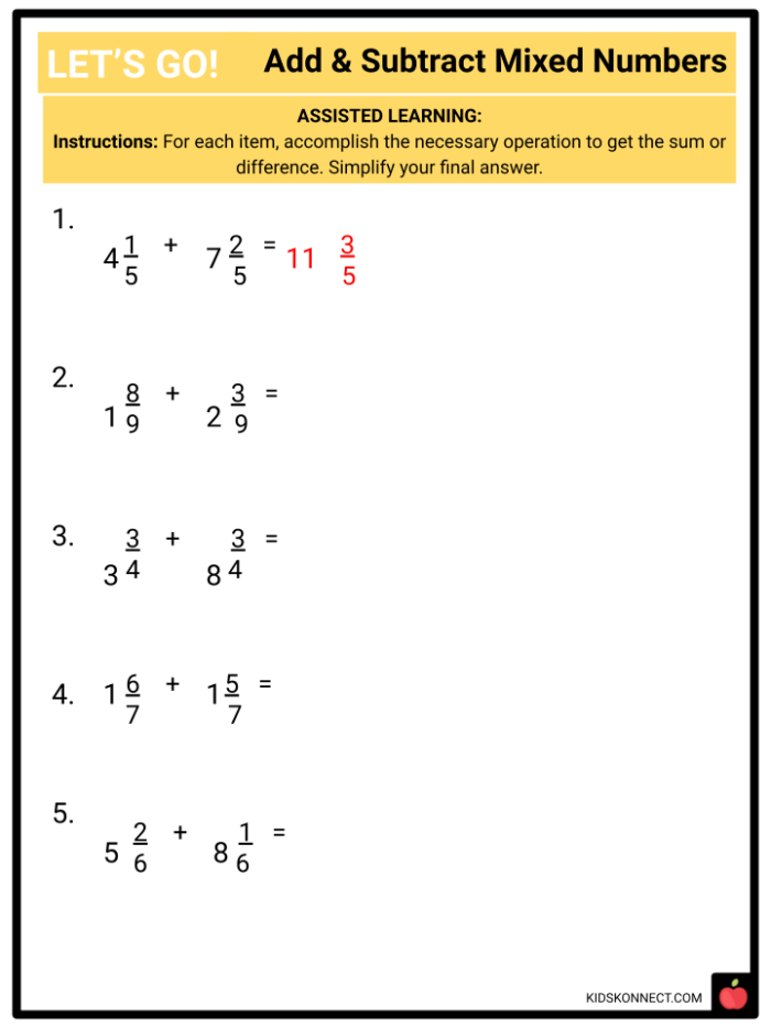 Educational resource for practicing mixed number operations in fractions Worksheet featuring the addition and subtraction of positive and negative mixed numbers for seventh graders