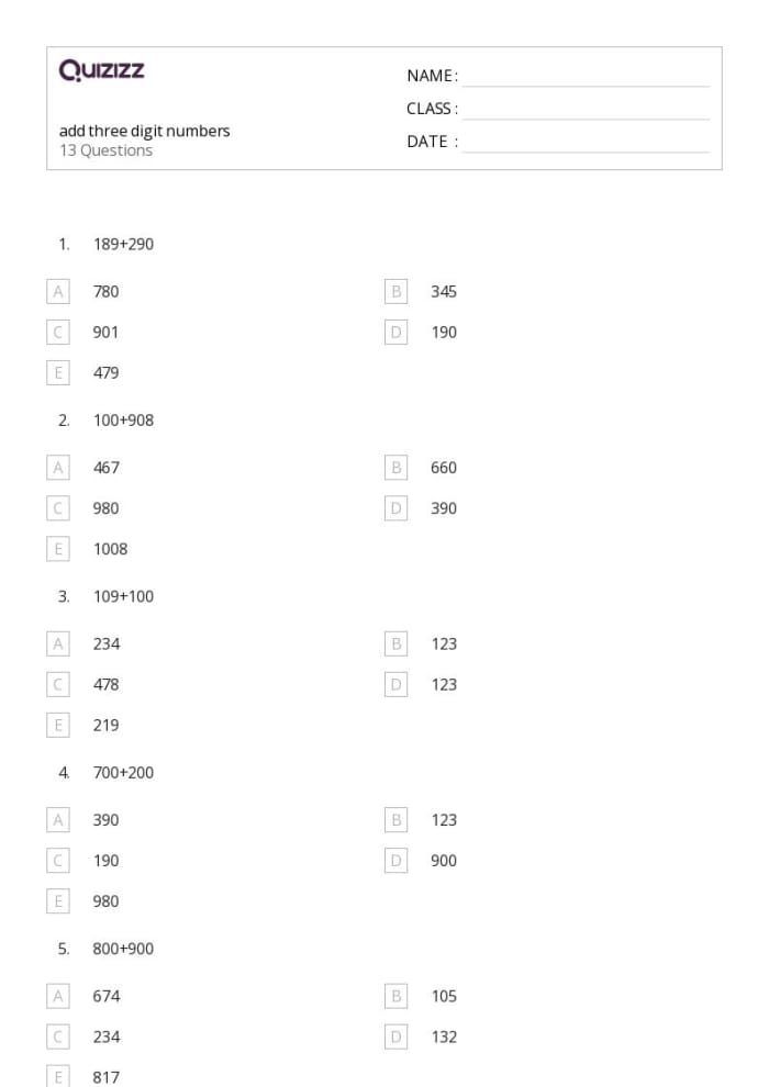Worksheet for practicing addition of three-digit numbers up to 1,000 for third graders