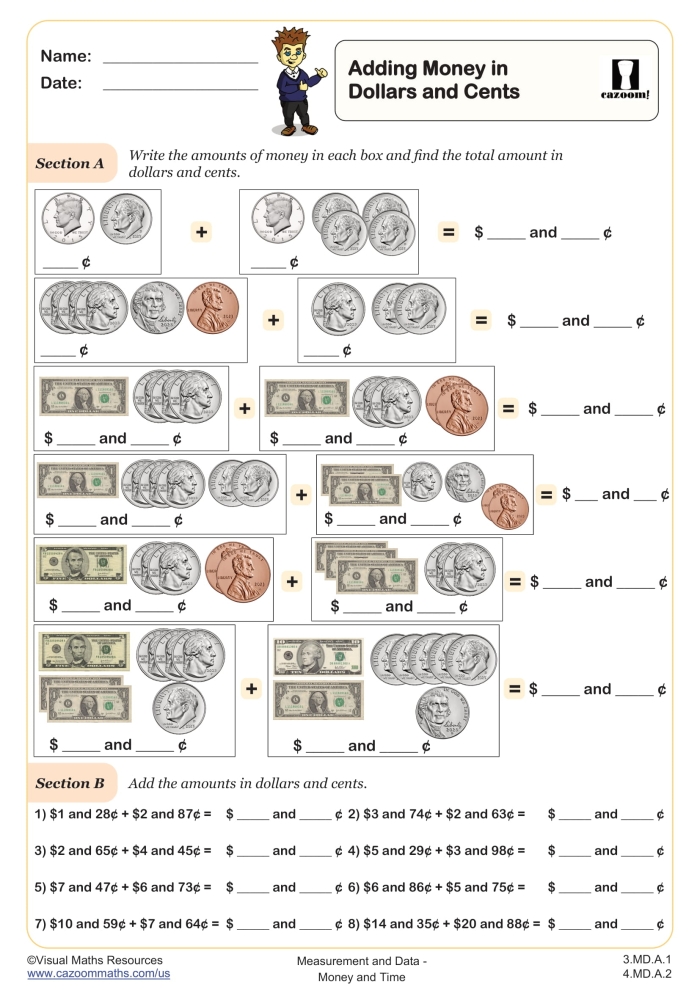 Students practicing addition with coins on the Add Up the Change worksheet