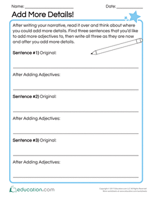 Worksheet for practicing the addition of adjectives in sentences and phrases for third graders