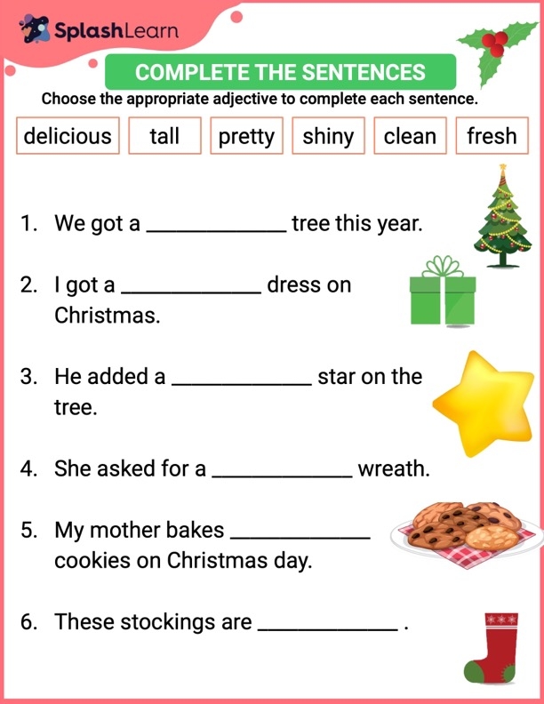 Third grade student practicing adding adjectives to sentences on a colorful parts of speech worksheet