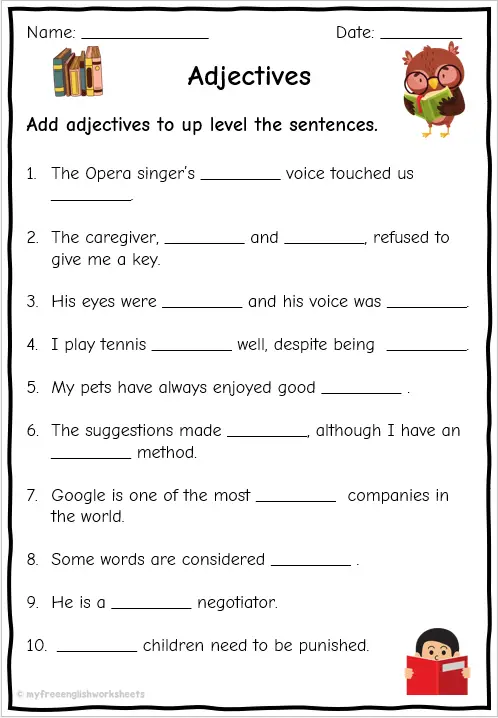 Worksheet for practicing the addition of adjectives in sentences and words for third graders