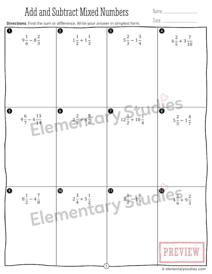 Fourth grade math worksheet featuring shaded shape diagrams for solving adding and subtracting mixed numbers problems 19