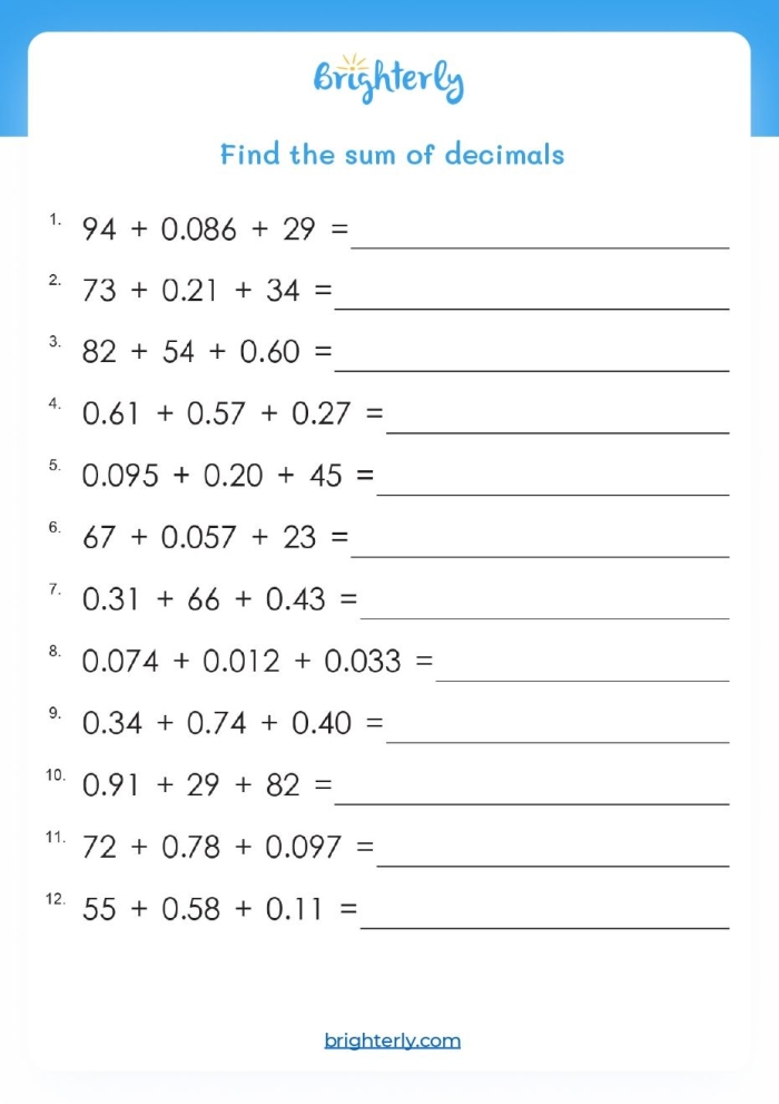 Fifth grade math worksheet featuring decimal addition problems up to the hundredths place