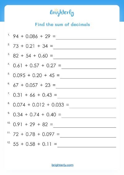 Adding Decimals worksheet for Fifth Grade