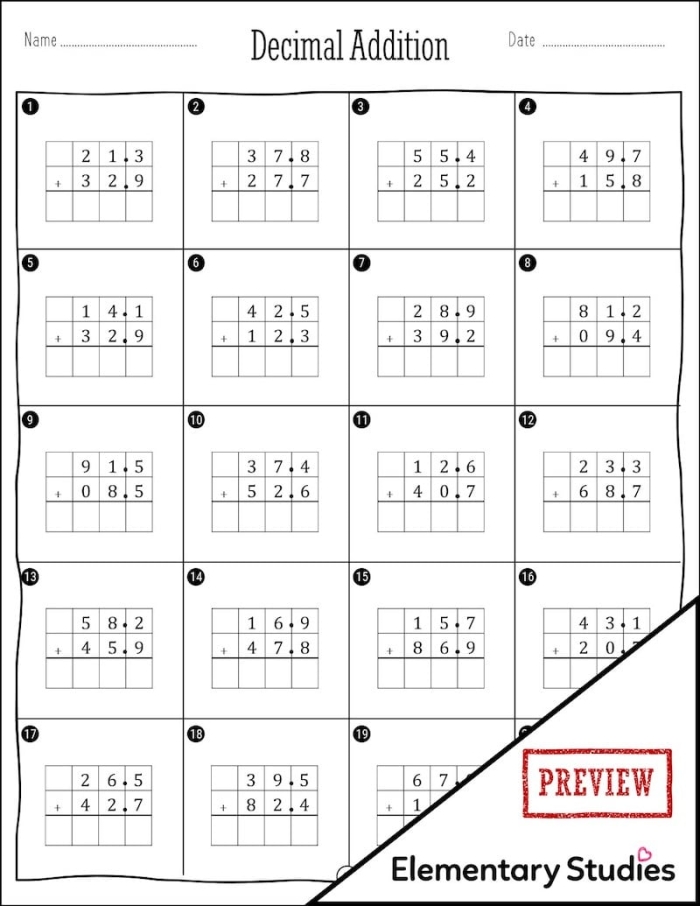 Fifth grade math worksheet for practicing addition of decimals up to the thousandths place