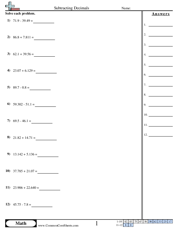 Fifth grade math worksheet focused on adding decimals through the thousandths place