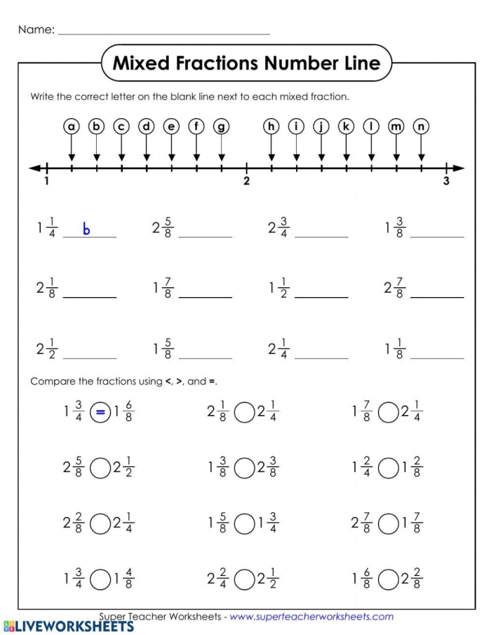 Worksheet illustrating how to add mixed numbers and improper fractions on a number line for third graders
