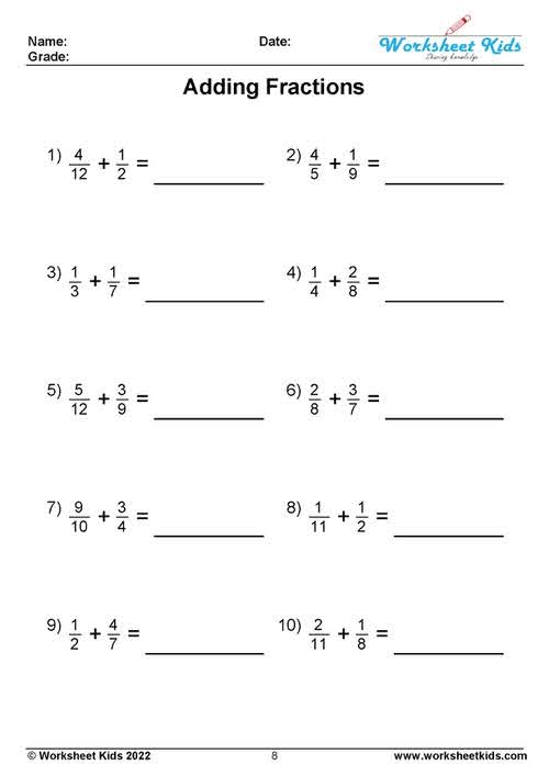 Worksheet for practicing adding fractions with unlike denominators for fifth graders