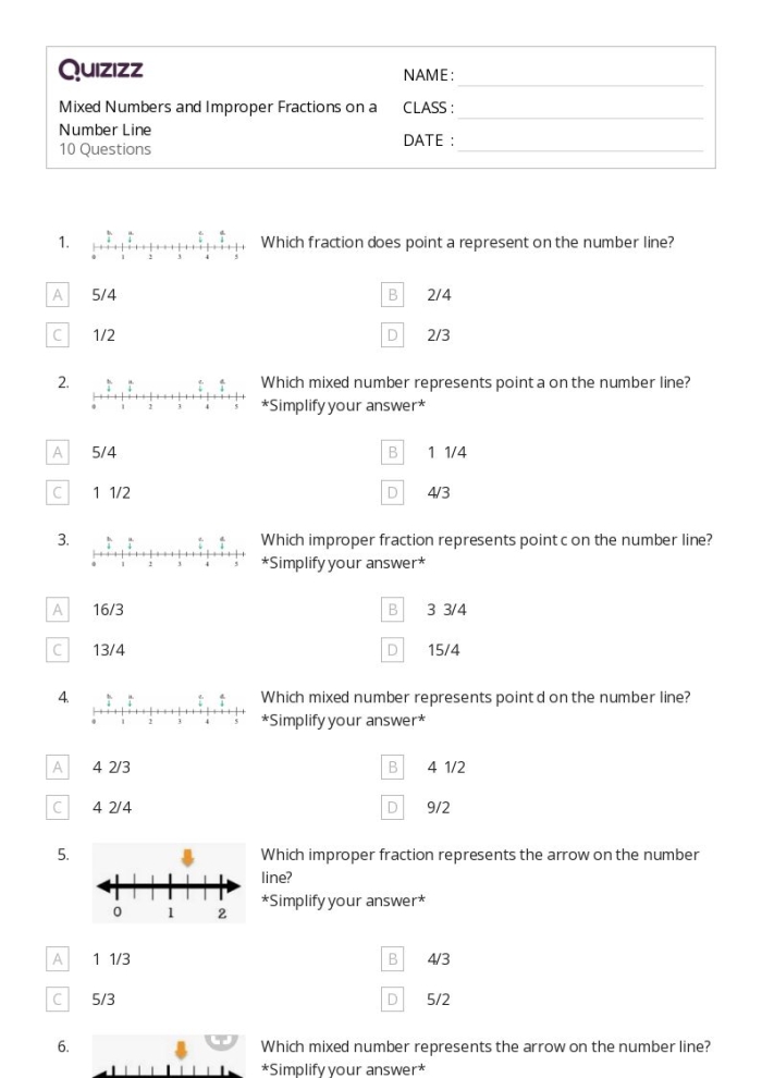 Worksheet illustrating how to add mixed numbers and improper fractions on a number line for third graders