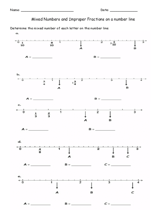 Worksheet illustrating how to add mixed numbers and improper fractions on a number line