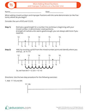 Worksheet illustrating how to add mixed numbers and improper fractions on a number line for third graders