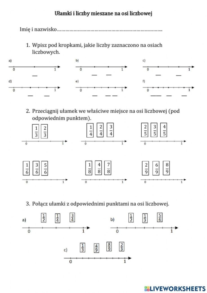 Worksheet illustrating the addition of mixed numbers and improper fractions on a number line for third graders