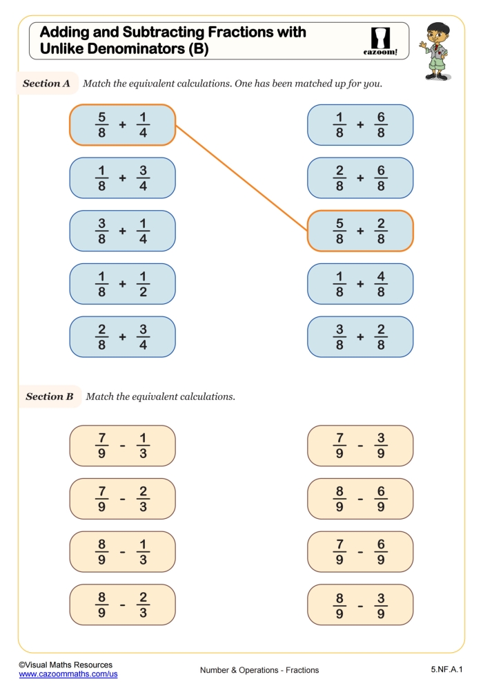 Worksheet for adding fractions with different denominators for fifth graders