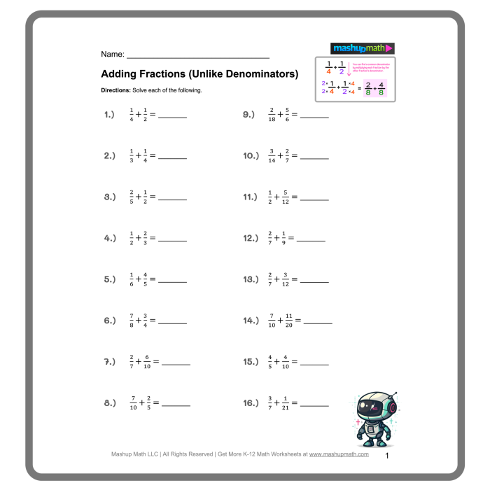 Fifth grade math worksheet featuring practice problems for adding fractions with unlike denominators