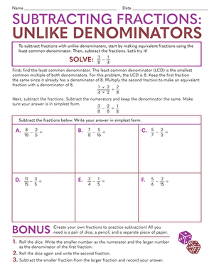 Fourth grade math worksheet for learning how to add fractions with step by step examples