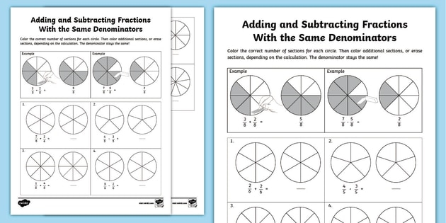 Fourth grade math worksheet for learning how to add fractions with step by step examples