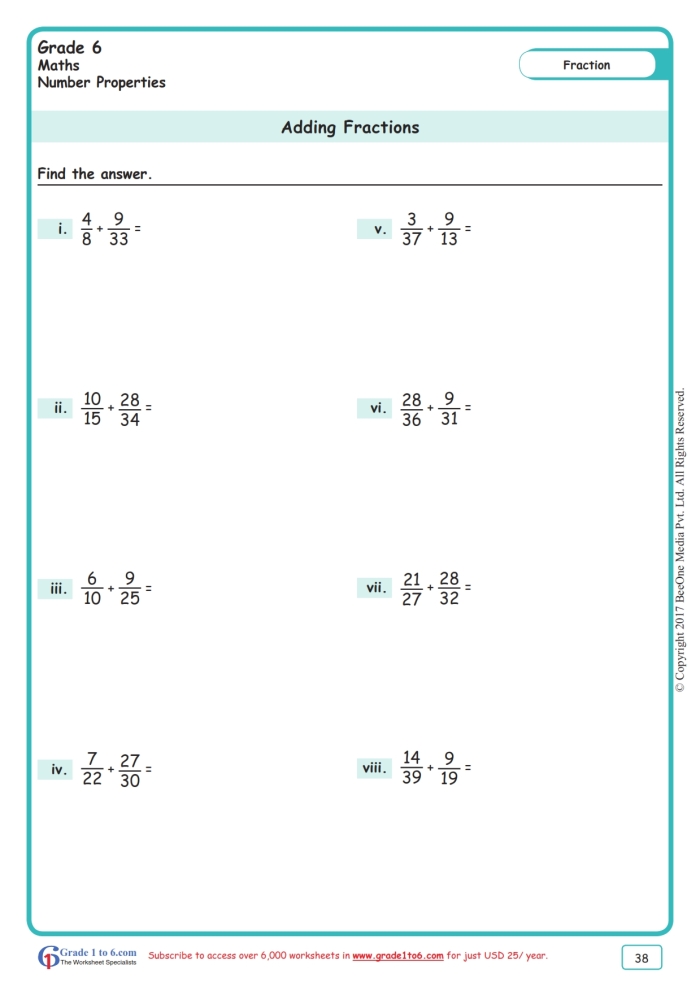 Worksheet for practicing adding fractions with different denominators for fifth graders