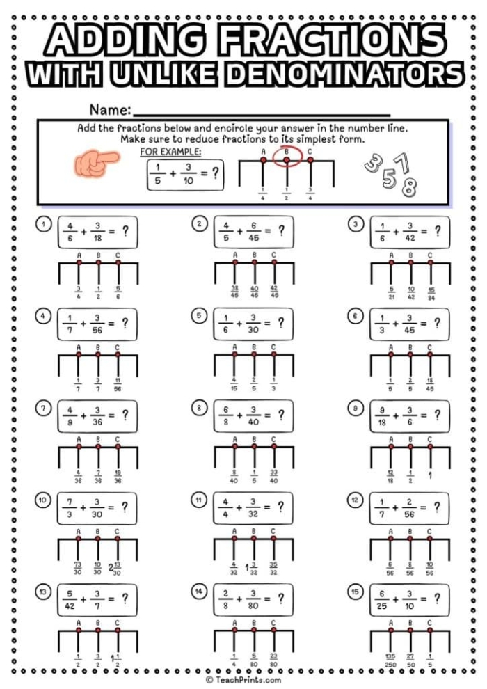 Worksheet for practicing adding fractions with different denominators for fifth graders