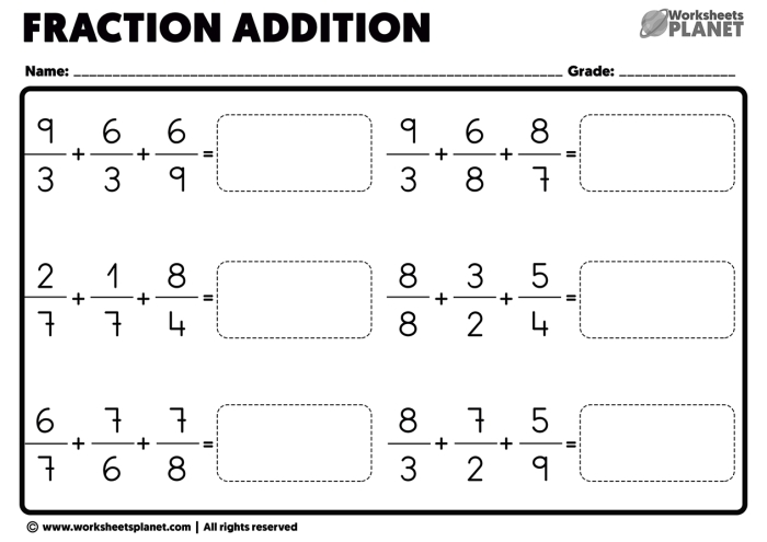 Fifth grade math worksheet focused on practicing addition of fractions with unlike denominators