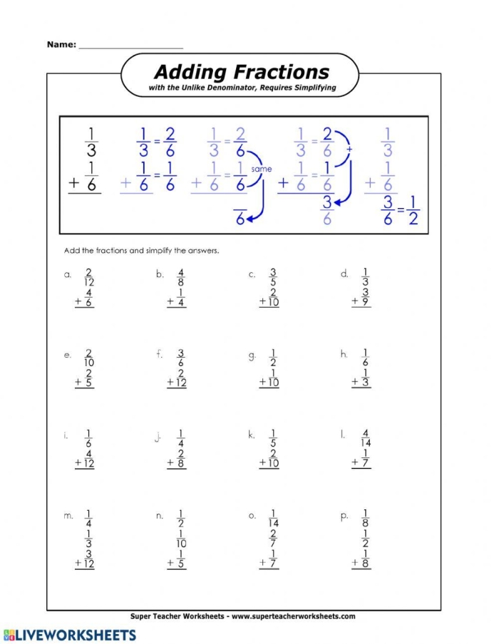 Fifth grade math worksheet featuring practice problems for adding fractions with unlike denominators