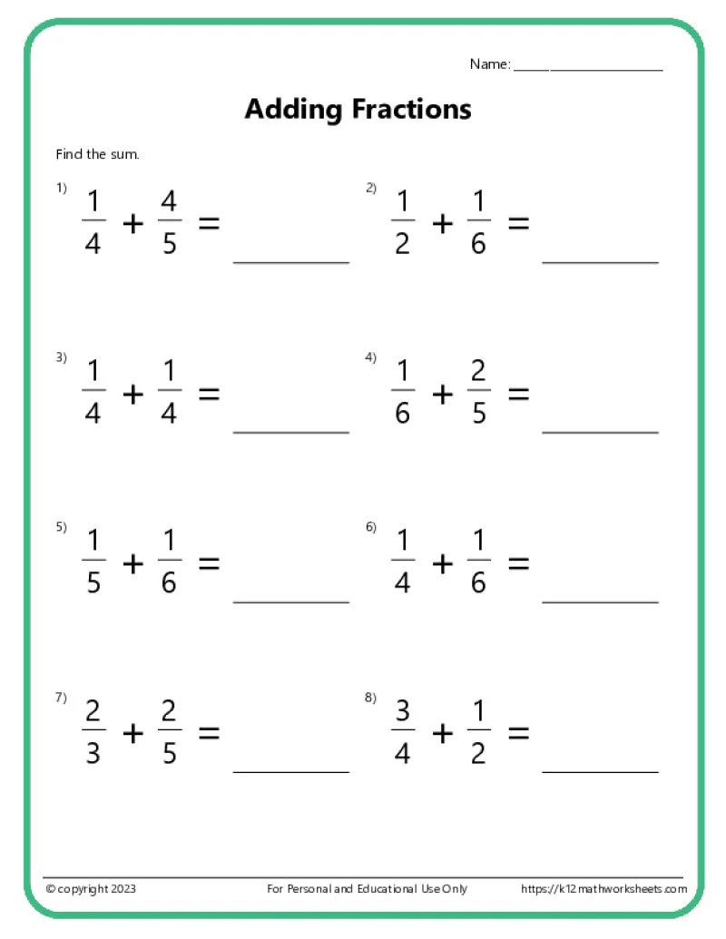 Fourth grade student practicing addition with introductory fractions worksheet