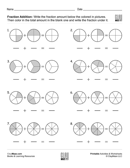 Worksheet demonstrating how to add fractions for fourth graders