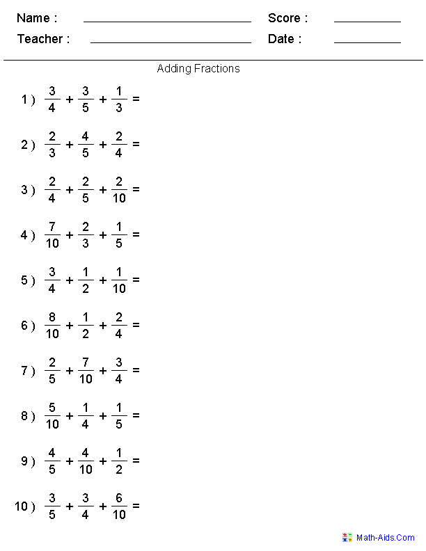 Worksheet featuring adding fractions for fourth graders