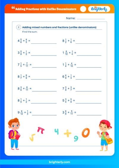 Worksheet for practicing adding fractions with different denominators for fifth graders