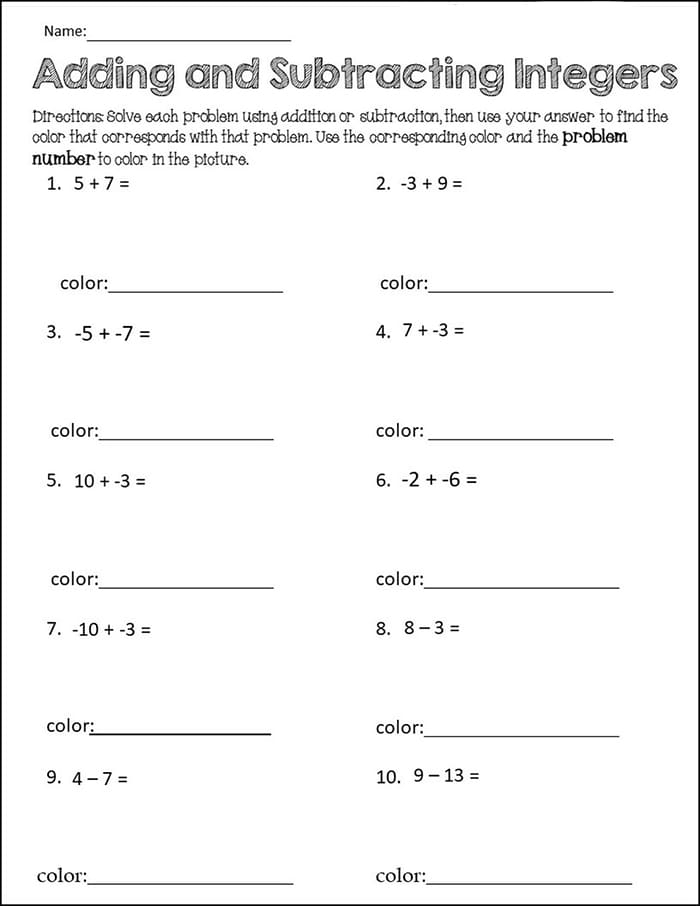 Seventh grade math worksheet featuring geography themed problems for adding integers