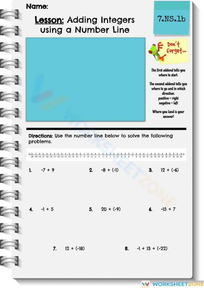 Seventh grade student using a number line to add positive and negative integers together on a math worksheet