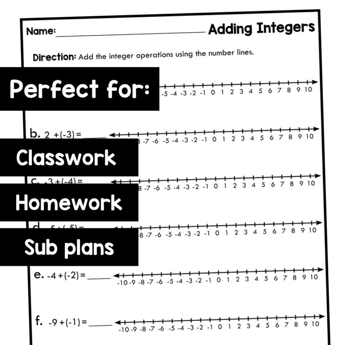 Seventh grade math worksheet featuring number line problems for adding positive and negative integers