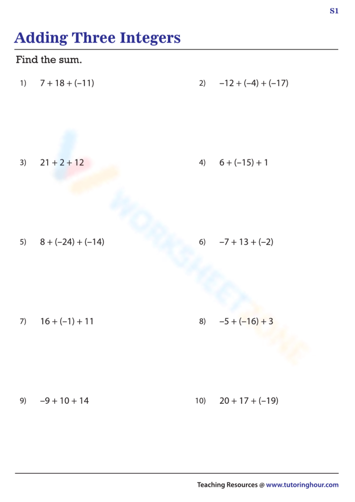 Seventh grade math worksheet featuring practice problems for adding integers