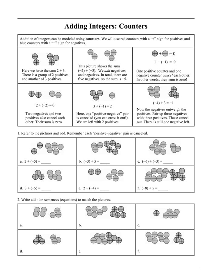 Worksheet for seventh graders practicing the addition of integers