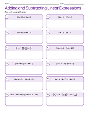 Adding Linear Expressions Practice Worksheet Eleven A seventh grade math worksheet focusing on adding linear expressions with exponent properties