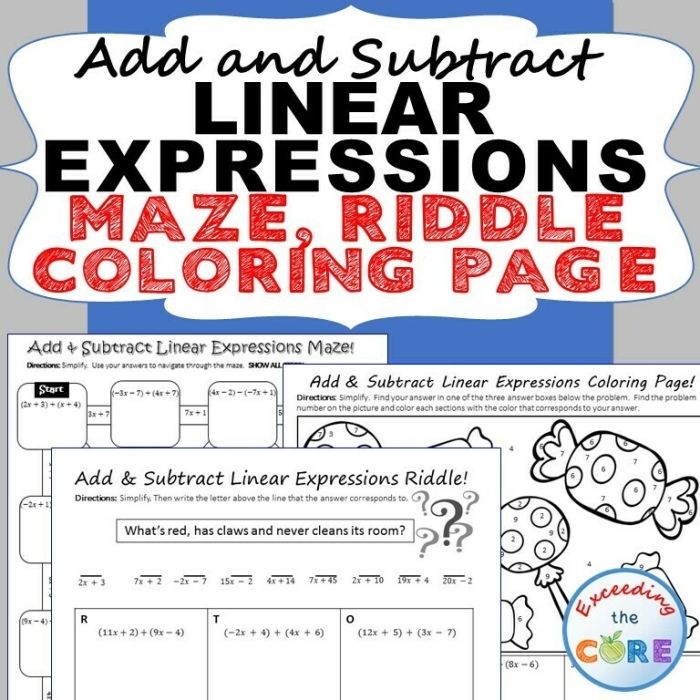Adding Linear Expressions Practice Worksheet for 7th Grade Math 24 Seventh grade algebra worksheet featuring problems on adding linear expressions with exponents