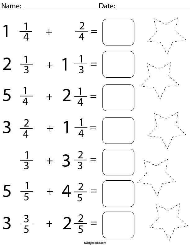 Fifth grade math worksheet showing colorful steps for adding mixed fractions with example problems