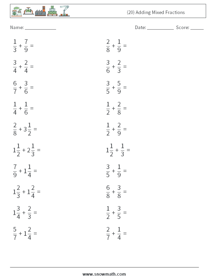 Fifth grade math worksheet featuring colorful problems for adding mixed fractions in a life science context