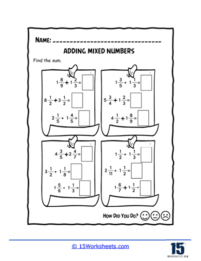 Fifth grade math worksheet featuring colorful problems for adding mixed fractions number 19