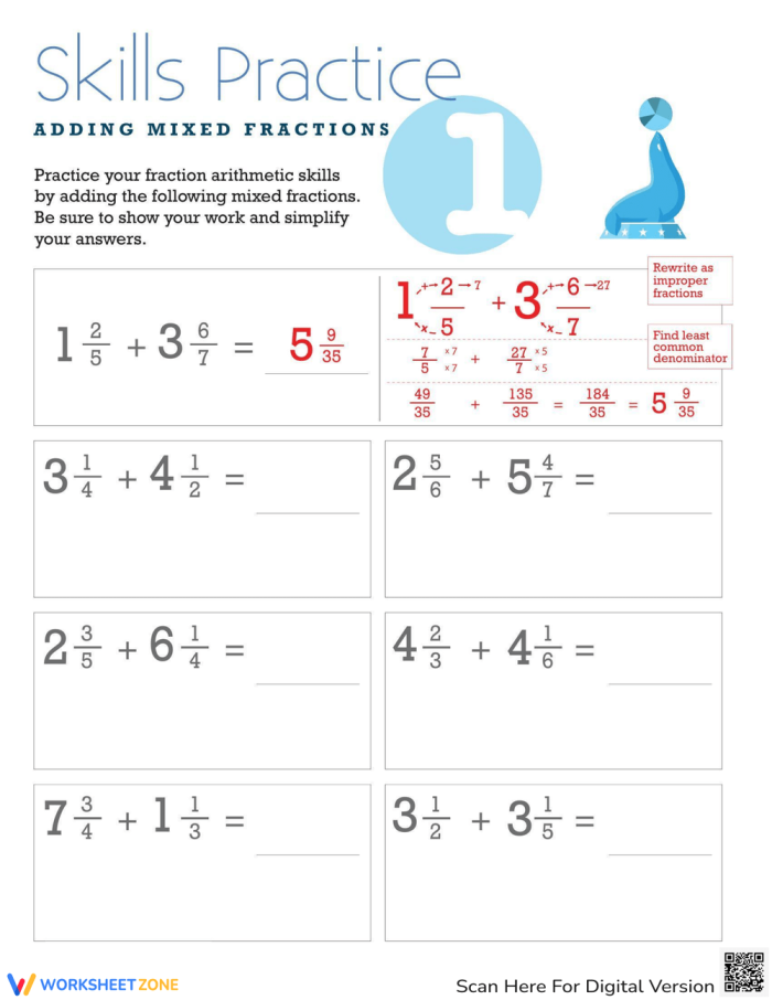 Fifth grade math worksheet featuring colorful problems for adding mixed fractions
