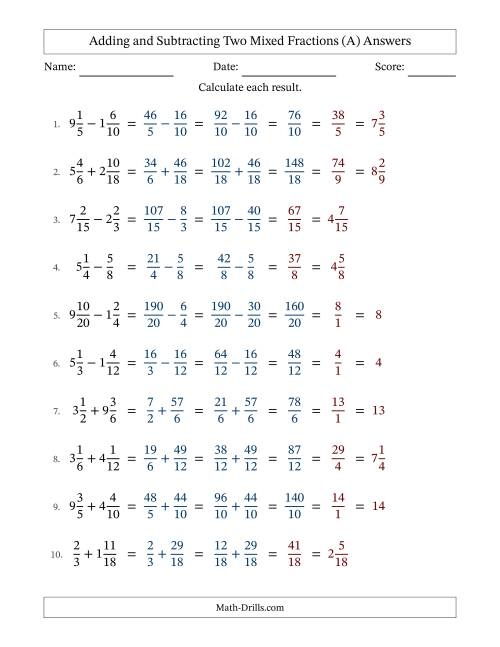 Fifth grade math worksheet demonstrating how to solve addition problems with mixed fractions having unlike denominators